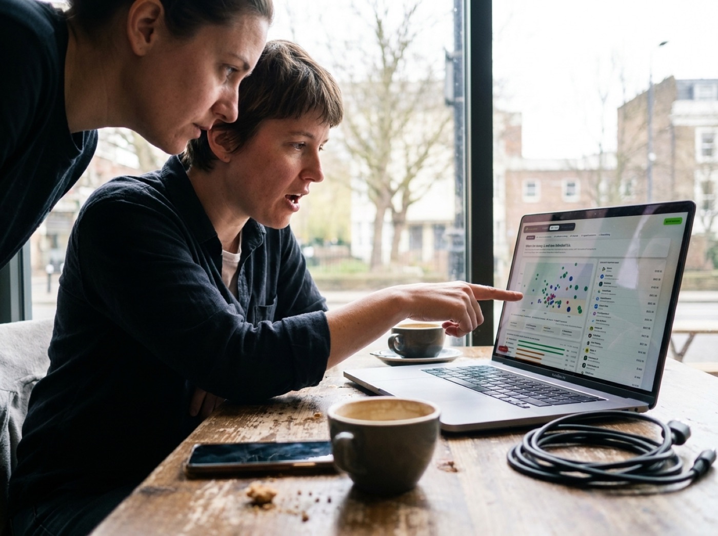Two people at a cafe table looking at the opportunity map